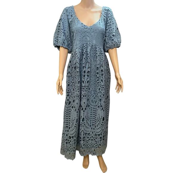 Bohme Devon Eyelet Maxi Dress XL Blue Crochet Lace Puff Sleeve Babydoll Boho - Picture 1 of 9